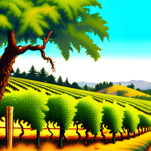 AI image of vineyard with trees hills and light sandy soil